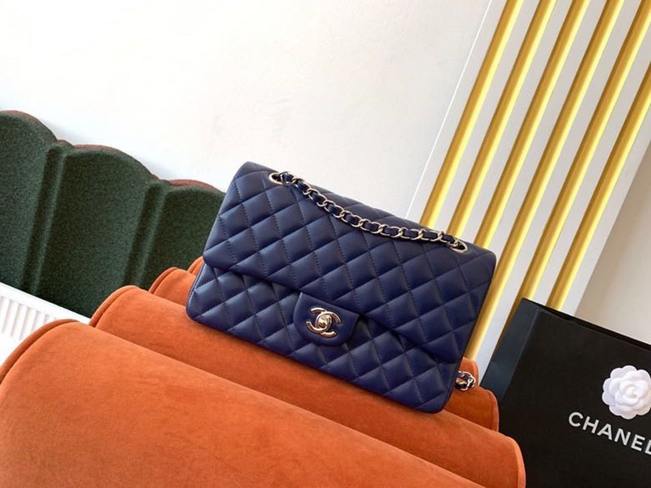 Chanel Classic Flap Bag Silver Hardware Lambskin Leather Spring/Summer Collection Navy Blue
