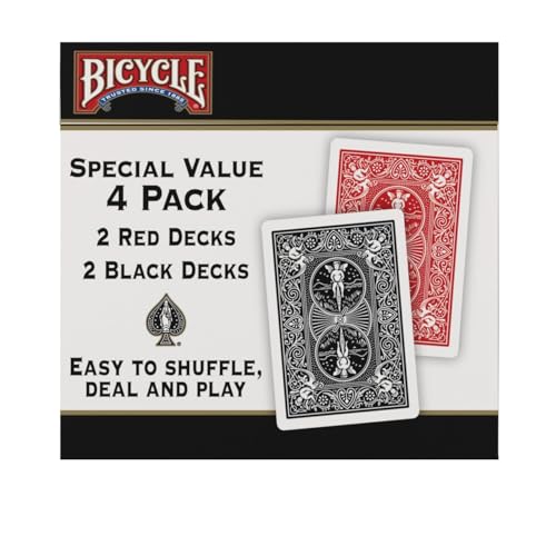 Bicycle Playing Cards 4 Pack, Standard Index Poker Size Decks in Red and Black for Poker, Blackjack, Rummy, Family Game Nights, and Classic Card Games, All Ages