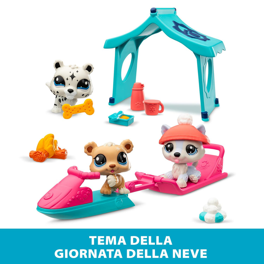 BANDAI Littlest Pet Shop Snow Day Set BF00534 Includes 3 Pets, 3 Accessories, 1 Collector Card, 1 Virtual Code, 1 Snowmobile, 1 Sled, Generation 7 (#107, #108, #109),4 Years+