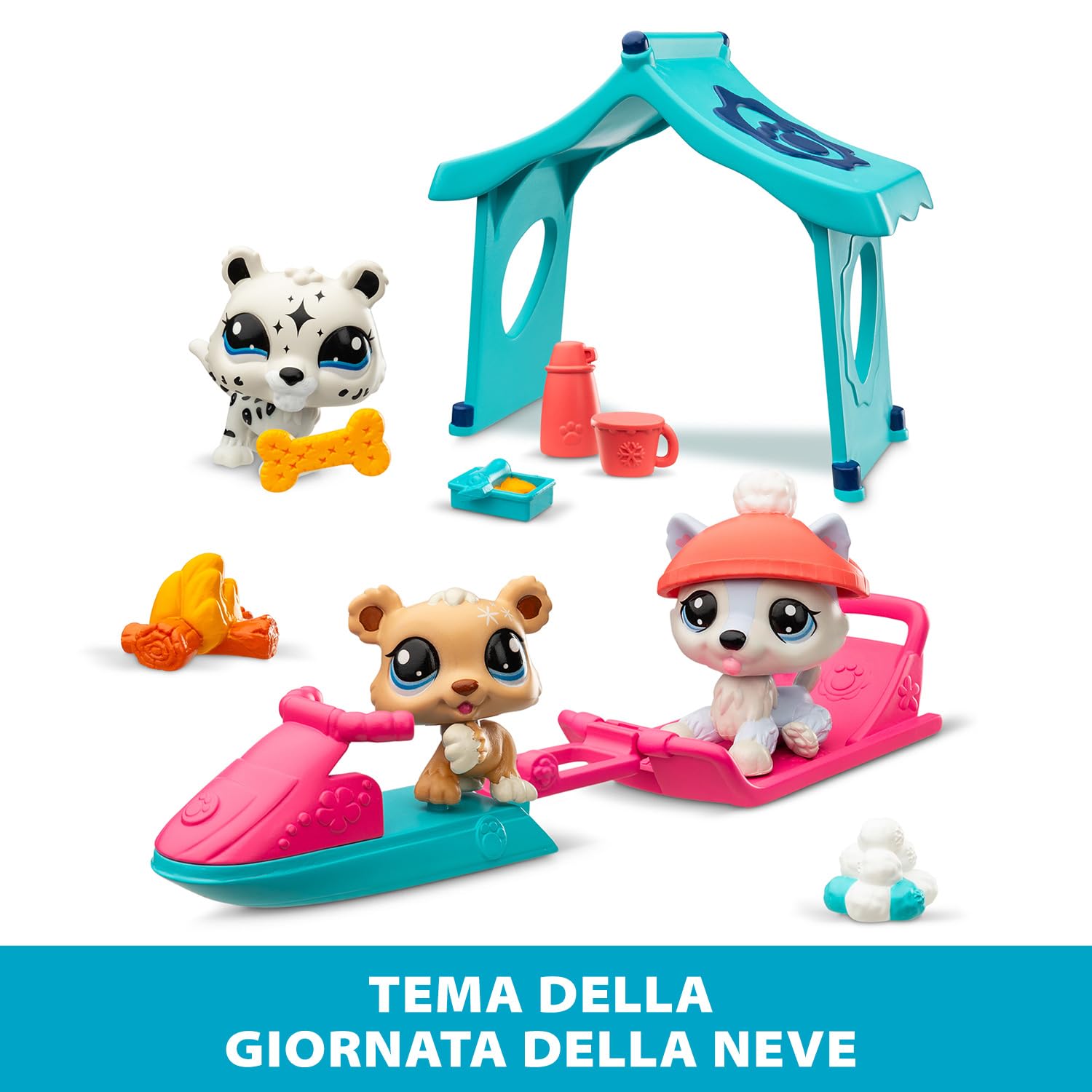 BANDAI Littlest Pet Shop Snow Day Set BF00534 Includes 3 Pets, 3 Accessories, 1 Collector Card, 1 Virtual Code, 1 Snowmobile, 1 Sled, Generation 7 (#107, #108, #109),4 Years+