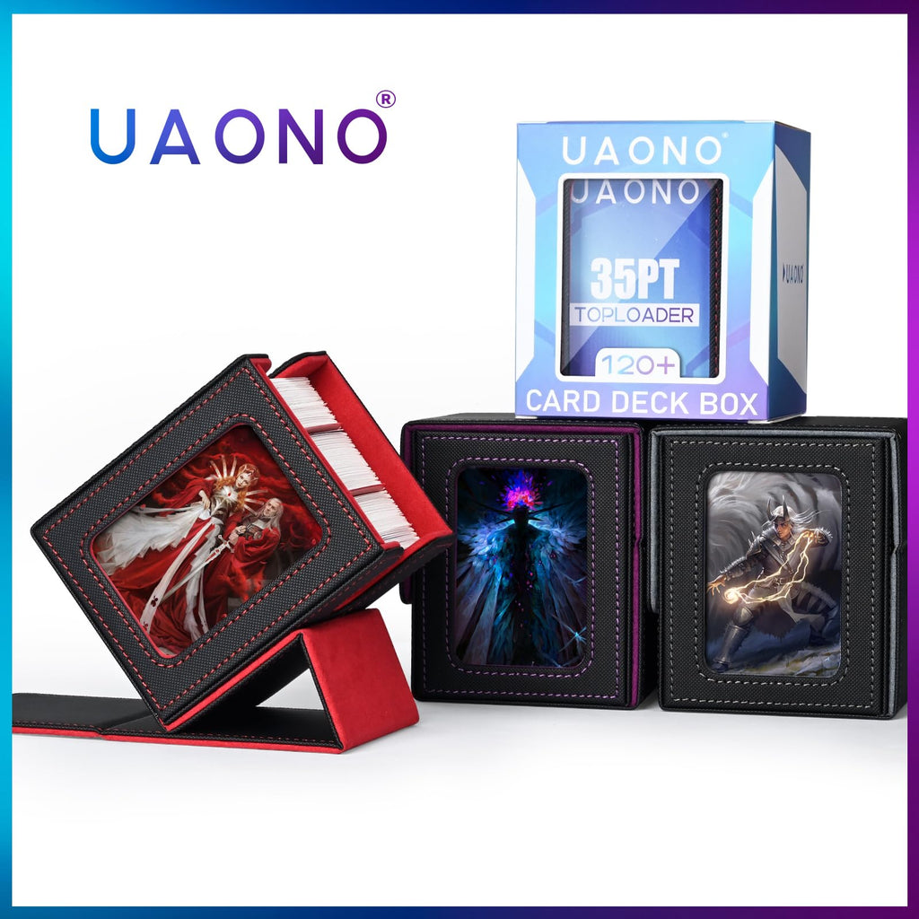 UAONO Card Deck Box with MTG Commander Display, Deck Case Holds 100+ Double-Sleeved Cards, Trading Card Storage Box Fits TCG/PTCG/Sports Card with 2 Dividers, 1 Top Loaders (Black)