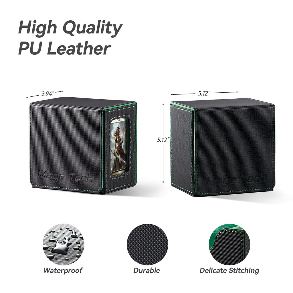 Mage Tech Card Deck Box for MTG Commander - Patented Design, Commander Display, Fits 100 Double-Sleeved Cards, 35pt Card Brick & Dice Tray - Black/Green