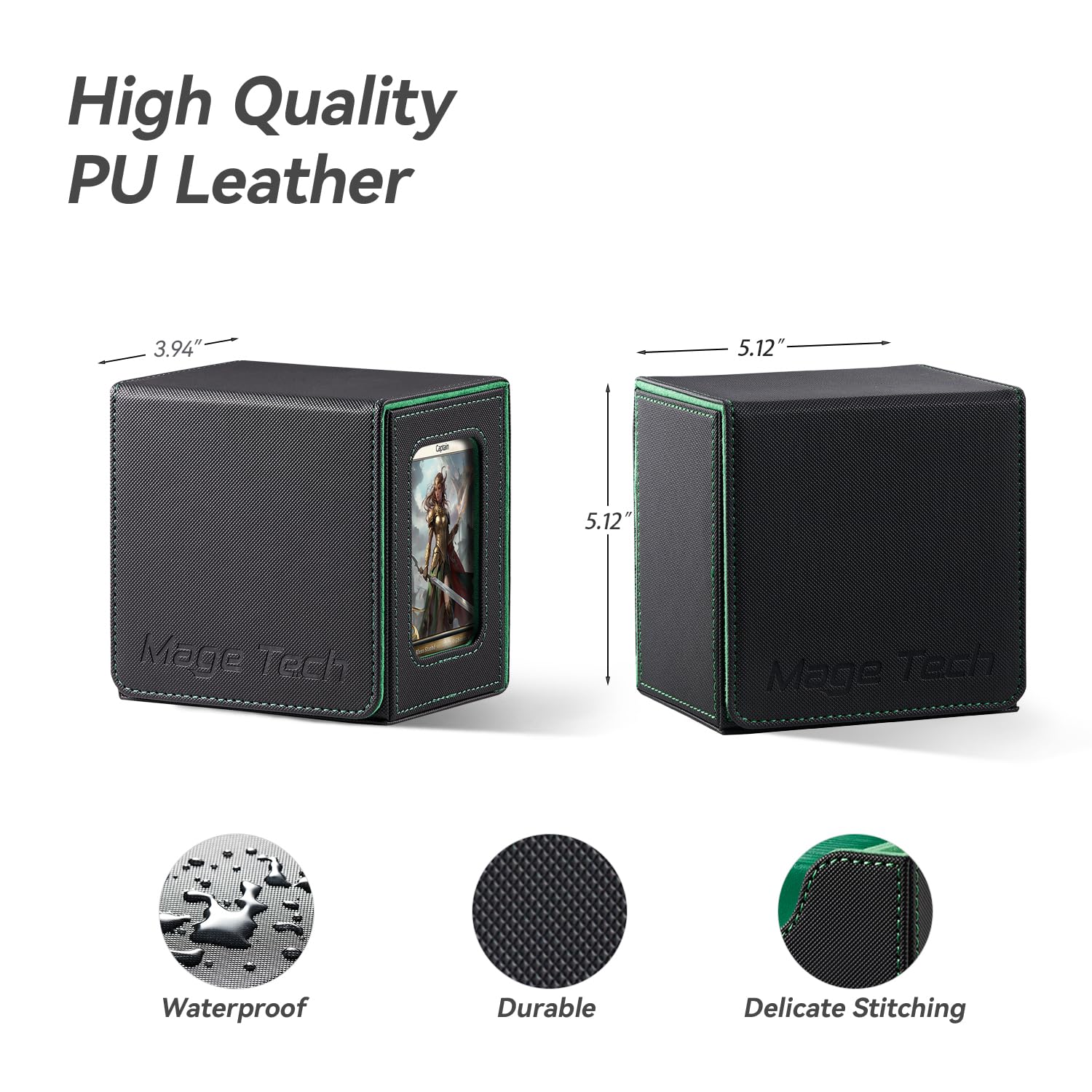 Mage Tech Card Deck Box for MTG Commander - Patented Design, Commander Display, Fits 100 Double-Sleeved Cards, 35pt Card Brick & Dice Tray - Black/Green