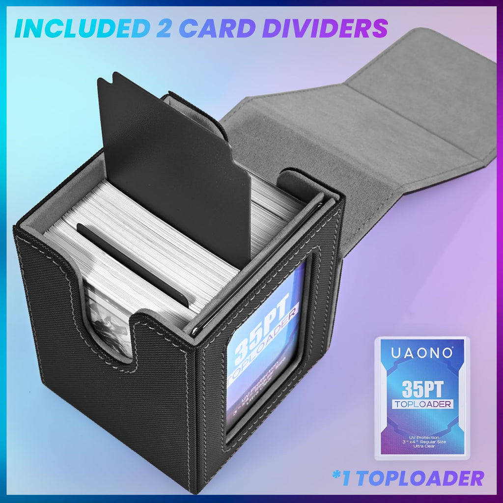 UAONO Card Deck Box with MTG Commander Display, Deck Case Holds 100+ Double-Sleeved Cards, Trading Card Storage Box Fits TCG/PTCG/Sports Card with 2 Dividers, 1 Top Loaders (Black)