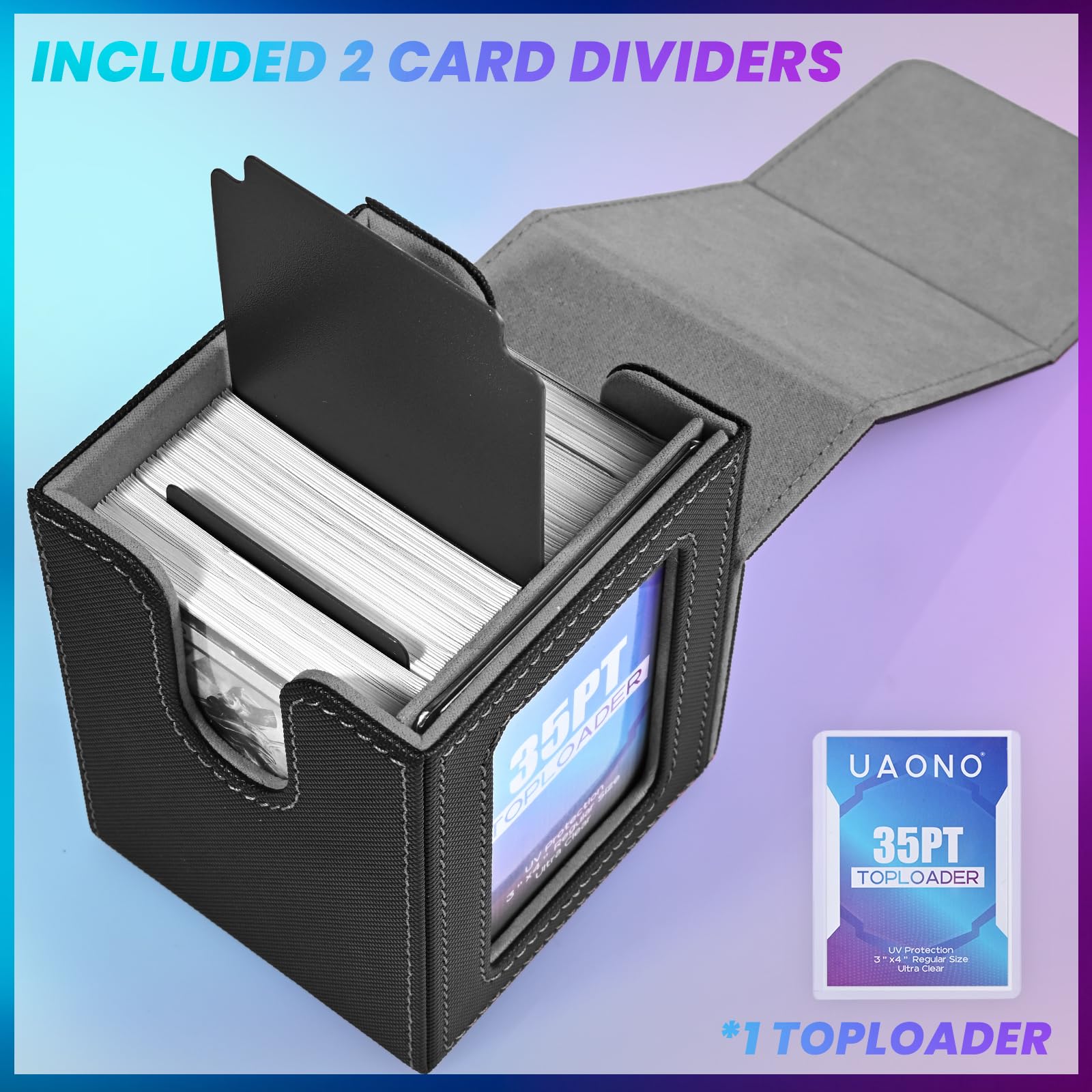 UAONO Card Deck Box with MTG Commander Display, Deck Case Holds 100+ Double-Sleeved Cards, Trading Card Storage Box Fits TCG/PTCG/Sports Card with 2 Dividers, 1 Top Loaders (Black)