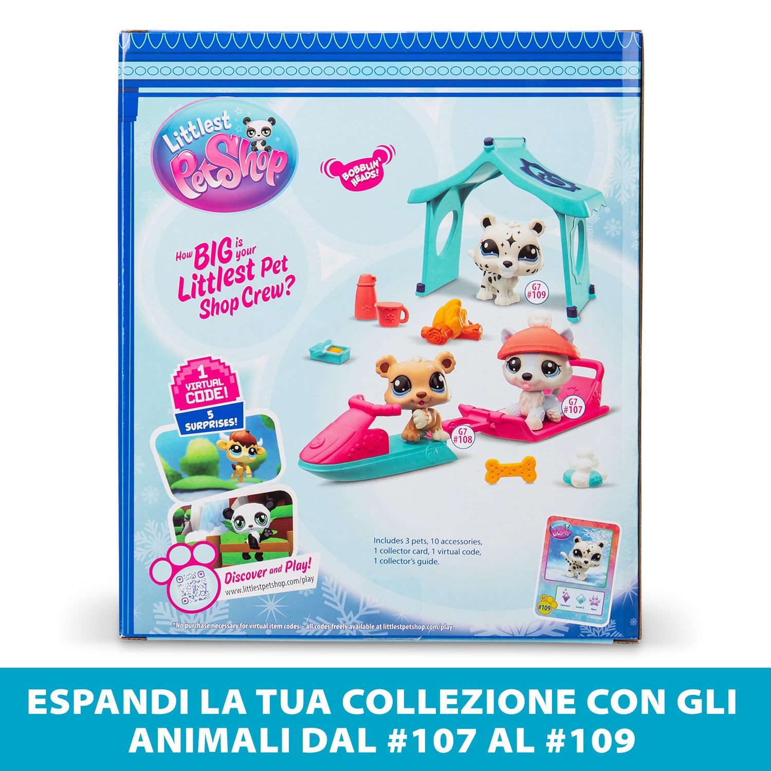 BANDAI Littlest Pet Shop Snow Day Set BF00534 Includes 3 Pets, 3 Accessories, 1 Collector Card, 1 Virtual Code, 1 Snowmobile, 1 Sled, Generation 7 (#107, #108, #109),4 Years+