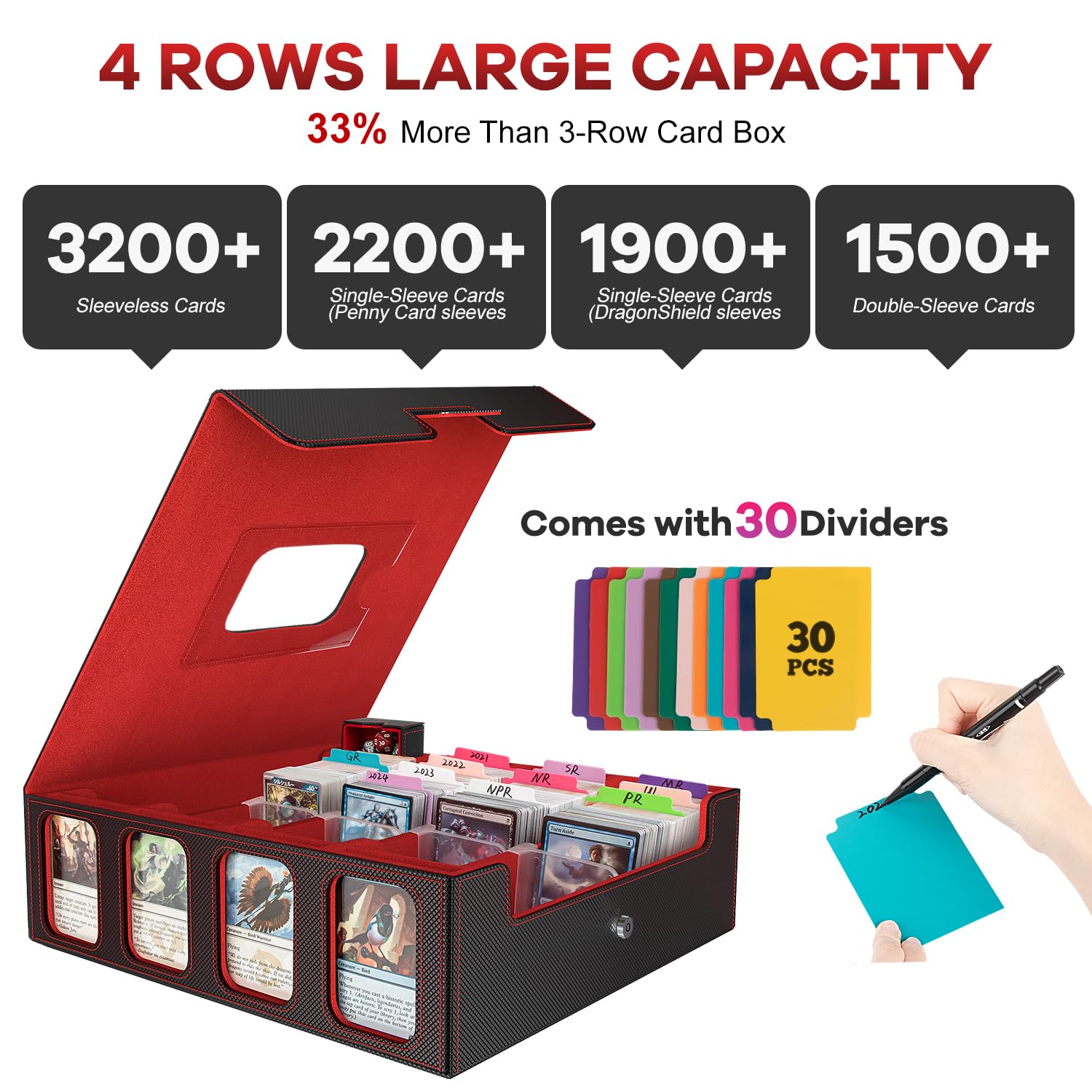 Gomyrod Card Storage Box 3200+ MTG Deck Box with 30 Colorful Divider, 4 Row Commander Trading Card Cases with Portable Handle & Display Windows, Fits for MTG/TCG/Magic Cards, Patented Design