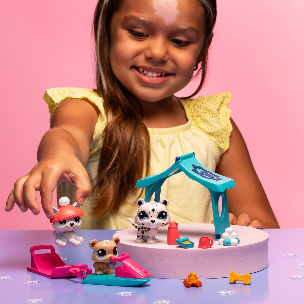 BANDAI Littlest Pet Shop Snow Day Set BF00534 Includes 3 Pets, 3 Accessories, 1 Collector Card, 1 Virtual Code, 1 Snowmobile, 1 Sled, Generation 7 (#107, #108, #109),4 Years+