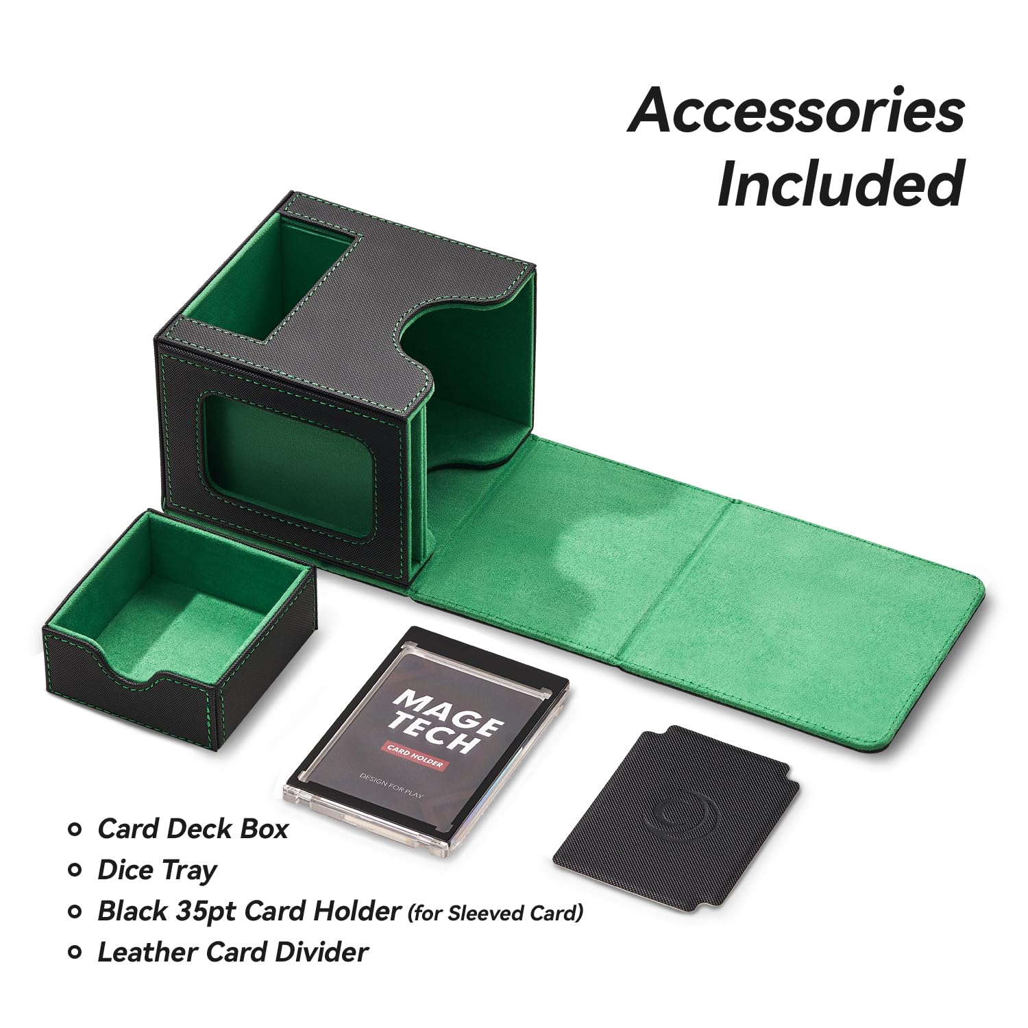 Mage Tech Card Deck Box for MTG Commander - Patented Design, Commander Display, Fits 100 Double-Sleeved Cards, 35pt Card Brick & Dice Tray - Black/Green