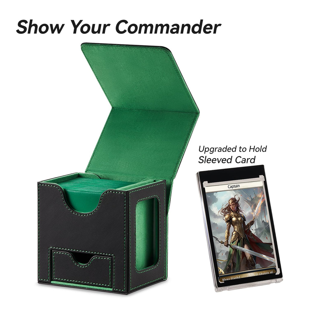 Mage Tech Card Deck Box for MTG Commander - Patented Design, Commander Display, Fits 100 Double-Sleeved Cards, 35pt Card Brick & Dice Tray - Black/Green