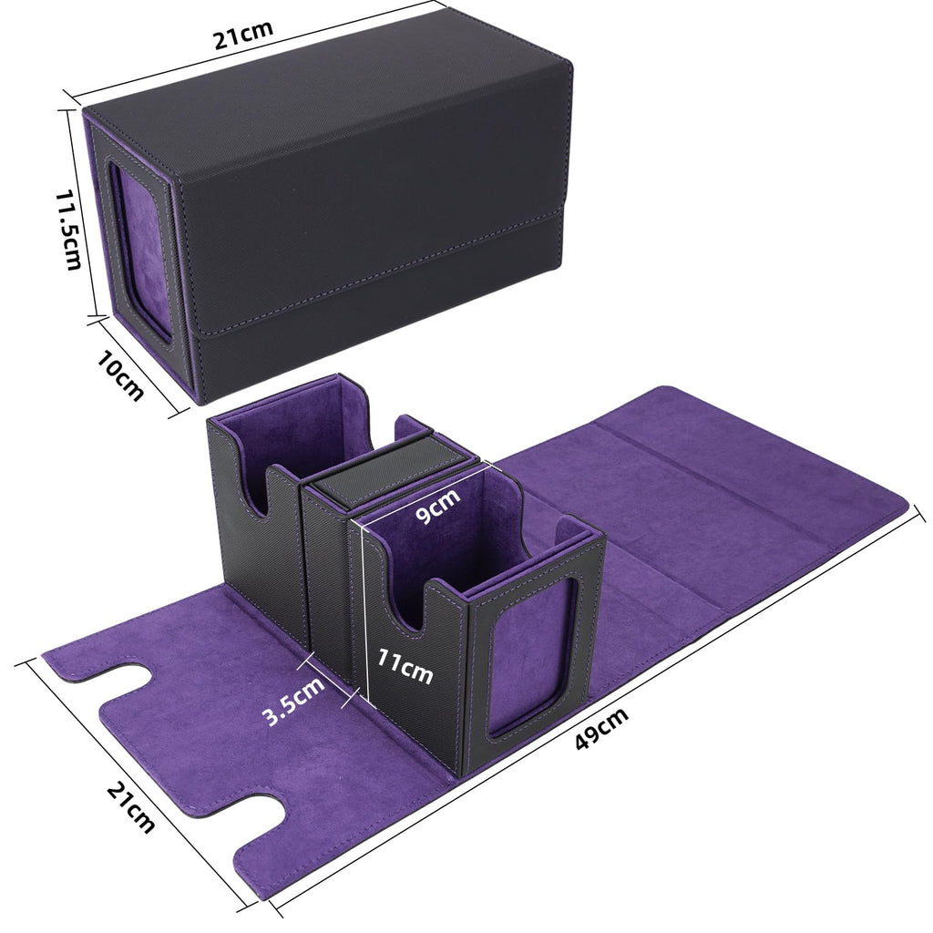 AFIING MTG Commander Deck Box 200 Double Sleeved Cards Storage, 3-in-1 Magnetic Card Case Organizer for Magic: The Gathering TCG CCG, 4 Dividers & 2 Toploaders Black/Purple