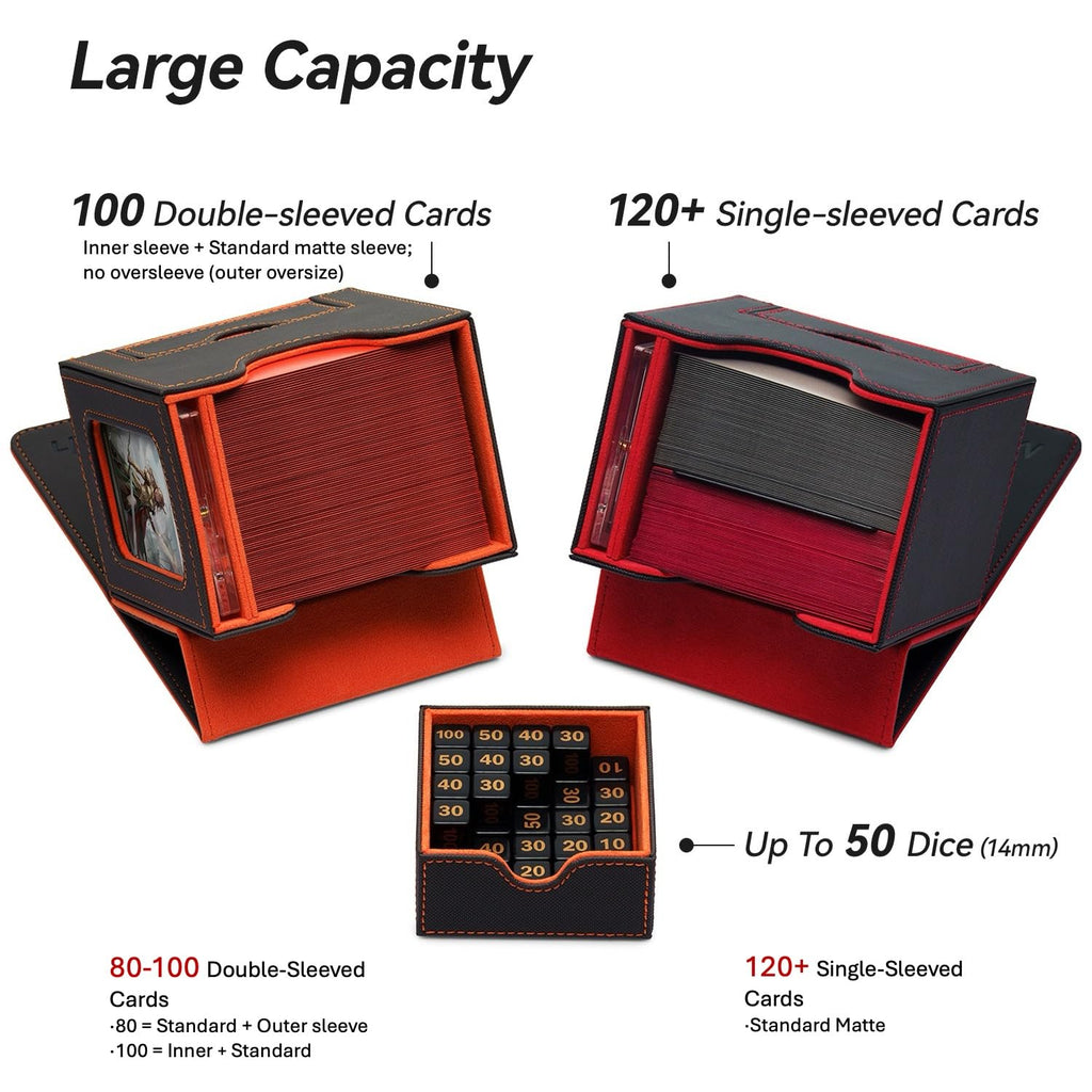 Mage Tech Card Deck Box for MTG Commander - Patented Design, Commander Display, Fits 100 Double-Sleeved Cards, 35pt Card Brick & Dice Tray - Black/Green