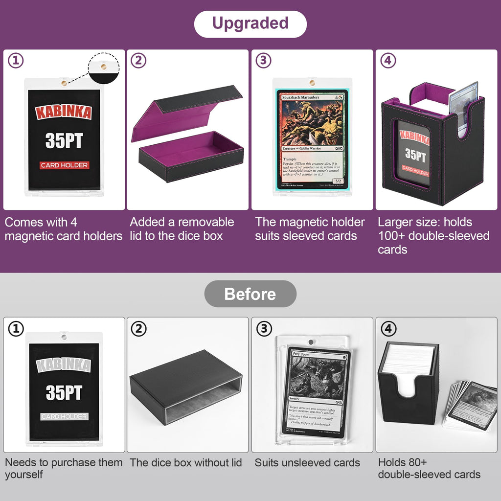 Kabinka Commander Deck Box for MTG Fits 400+ Double-Sleeved Card Storage, 5 IN 1 Removable Card Case with Dice Tray, Display Window for TCG/PTCG/EDH, 4 Magnetic One Touch Holders (Black Purple)