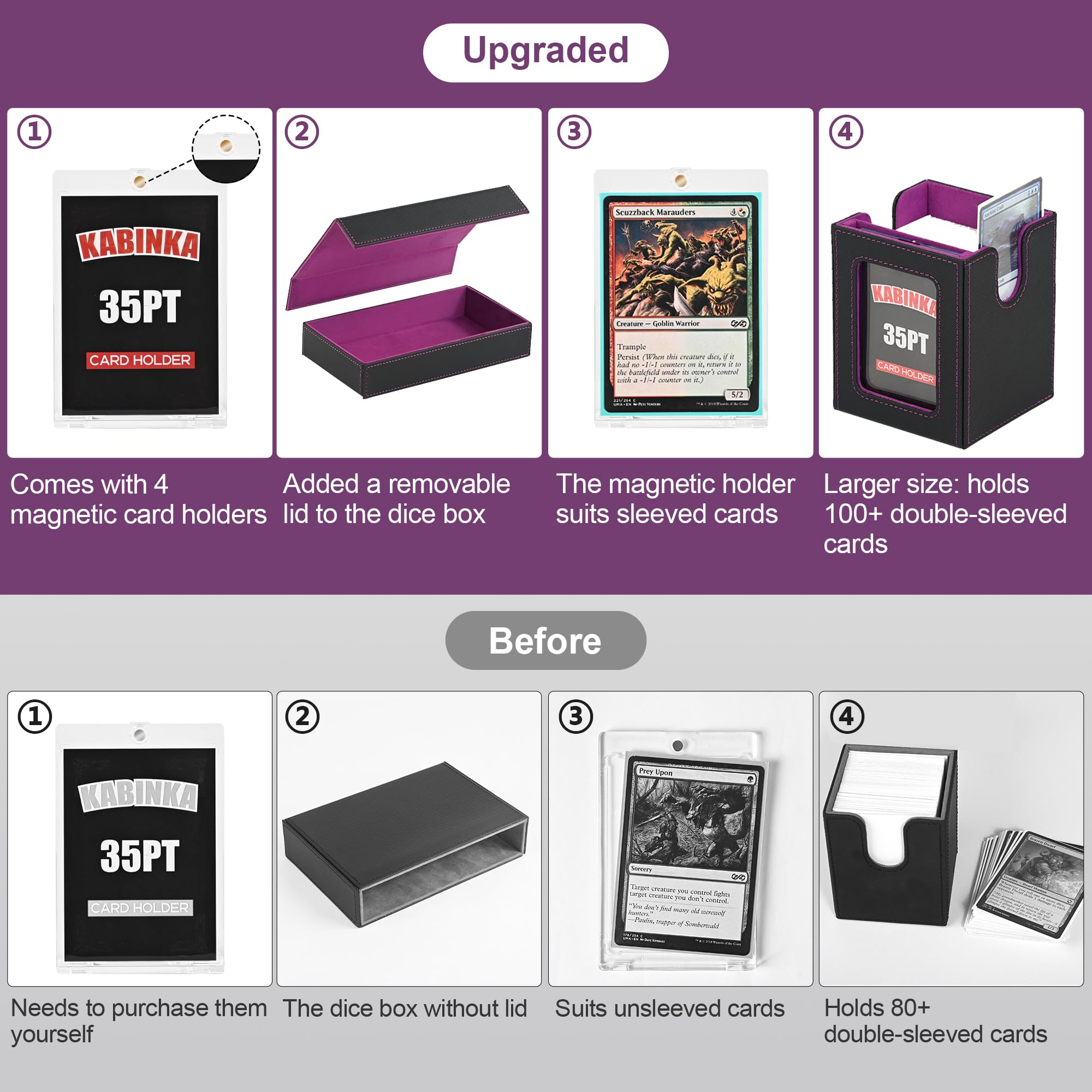 Kabinka Commander Deck Box for MTG Fits 400+ Double-Sleeved Card Storage, 5 IN 1 Removable Card Case with Dice Tray, Display Window for TCG/PTCG/EDH, 4 Magnetic One Touch Holders (Black Purple)