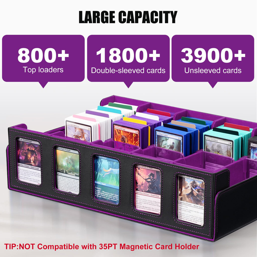Trading Card Storage Box with Commander Display , 5-Row Deck Case with Removable Lid; 3900+ Card Deck Box for MTG TCG Sports Card, 5 Top Loaders, 5 Stoppers, 48 Dividers,1 Dice Tray (Black Purple)
