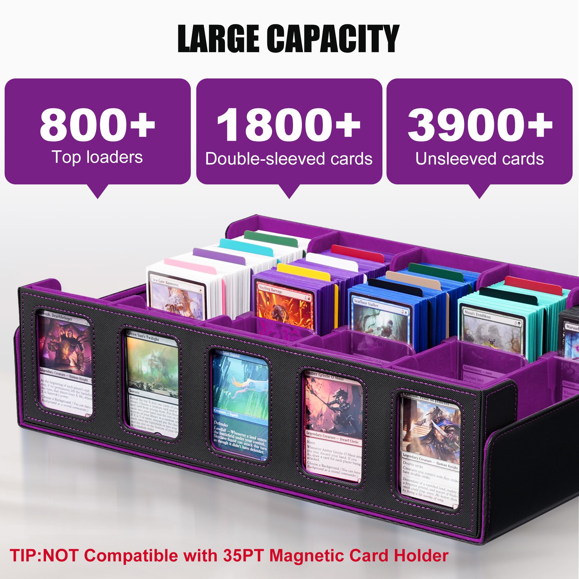 Trading Card Storage Box with Commander Display , 5-Row Deck Case with Removable Lid; 3900+ Card Deck Box for MTG TCG Sports Card, 5 Top Loaders, 5 Stoppers, 48 Dividers,1 Dice Tray (Black Purple)