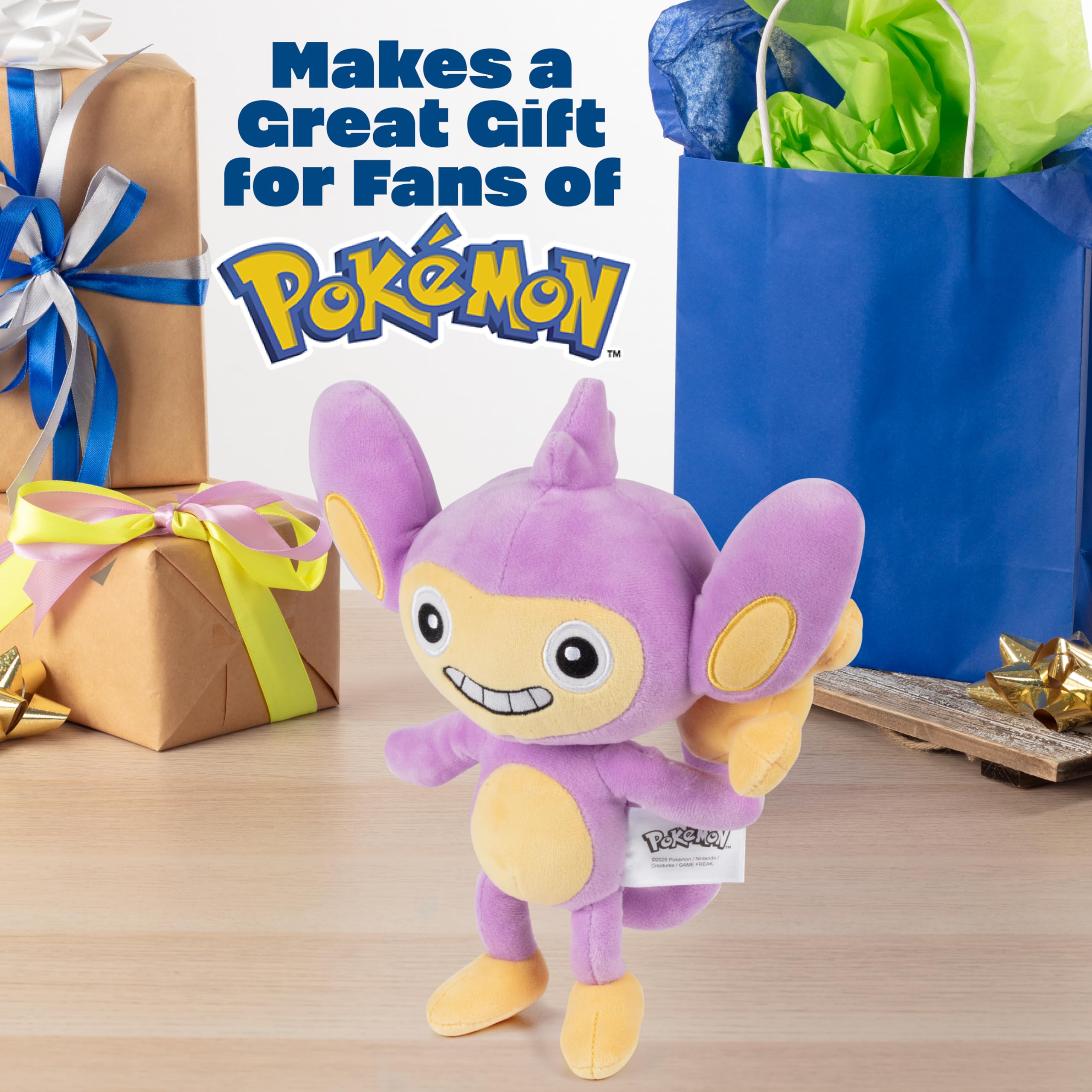 Pokémon 8" Aipom Plush - Officially Licensed - Generation 2 Figure - Authentic Monkey Soft Stuffed Animal Toy - Holiday Christmas Stocking Stuffer Gift for Kids, Boys, Girls - 2+