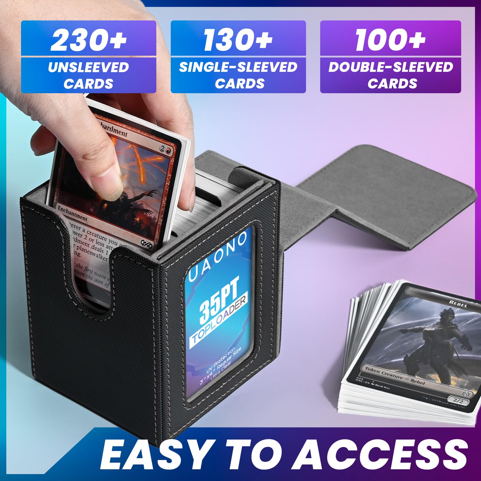 UAONO Card Deck Box with MTG Commander Display, Deck Case Holds 100+ Double-Sleeved Cards, Trading Card Storage Box Fits TCG/PTCG/Sports Card with 2 Dividers, 1 Top Loaders (Black)
