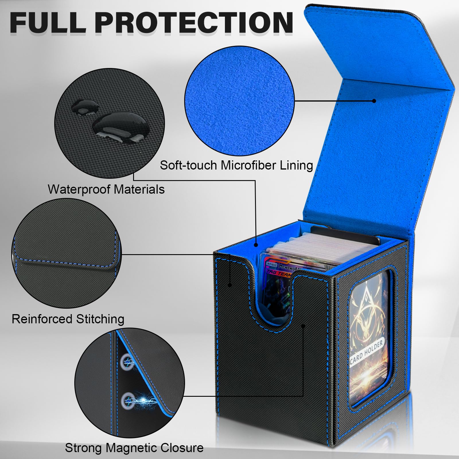 Jaffzora Card Deck Box for MTG Commander, Magnetic Card Display Case,TCG Card Storage Box, Holds 100 Double-Sleeved Cards, Black&Blue