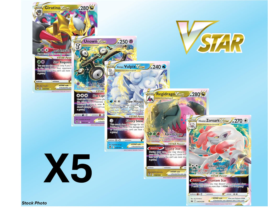 Pokemon - 5 VMAX/VSTAR Card Lot Bundle - No Duplicates - Full Art Etched Pokemon
