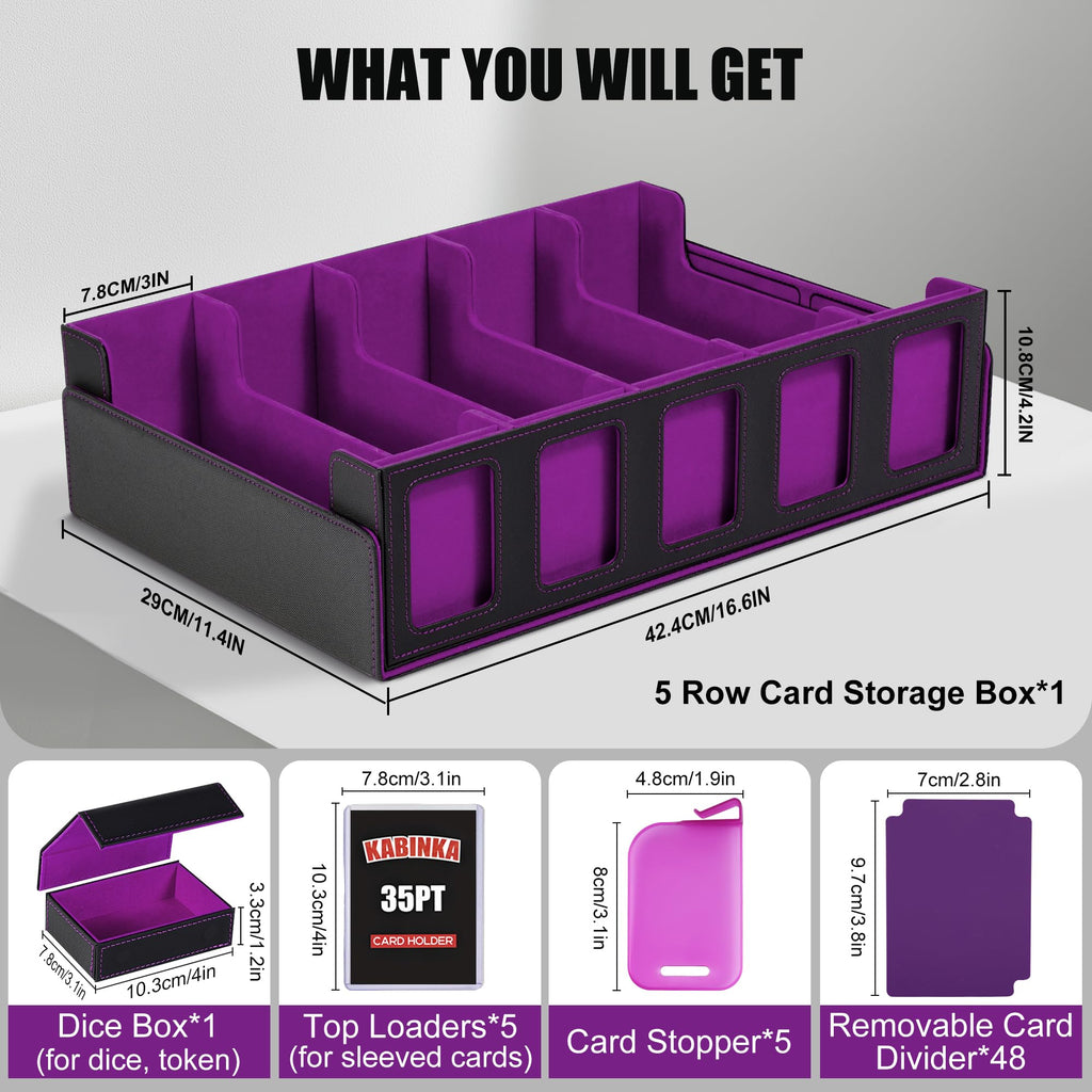 Trading Card Storage Box with Commander Display , 5-Row Deck Case with Removable Lid; 3900+ Card Deck Box for MTG TCG Sports Card, 5 Top Loaders, 5 Stoppers, 48 Dividers,1 Dice Tray (Black Purple)