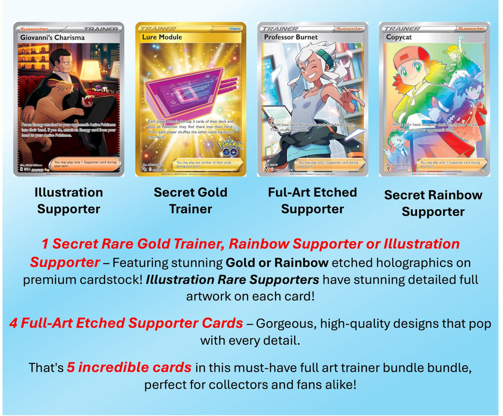 Pokemon 5 Full Art Trainer Card Lot - X1 Secret Rare, X4 Full Art Etched Cards - No Duplicates