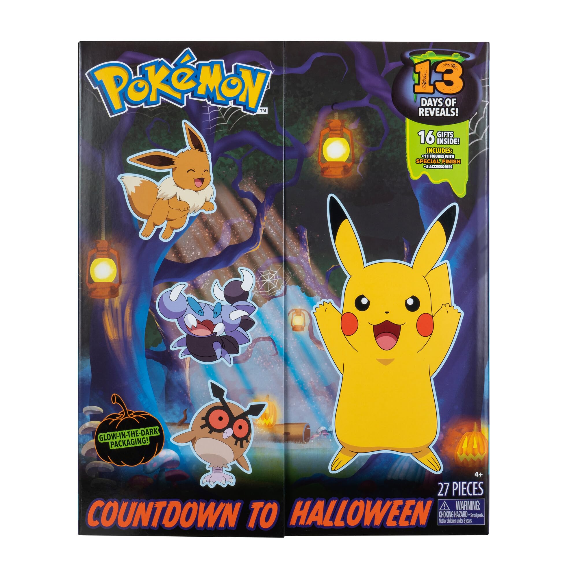 Pokemon Halloween Countdown Gift Set for Kids, 16 Piece Playset - Includes 11 Toy Character Figures & 5 Accessories - Pikachu, Eevee, Meowth & More - 4.5" Deluxe Action Grimmsnarl - For Boys & Girls Age 4+