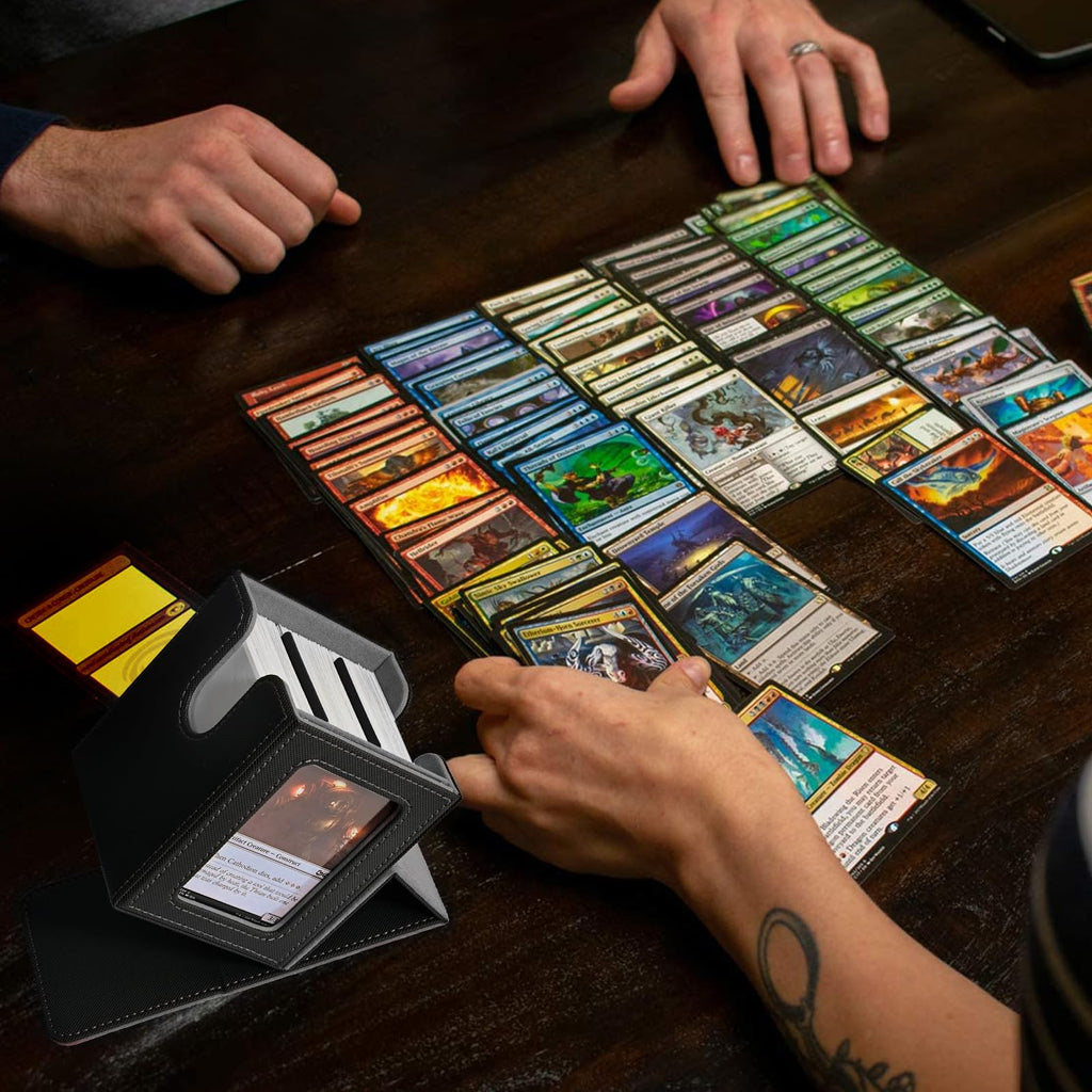 UAONO Card Deck Box with MTG Commander Display, Deck Case Holds 100+ Double-Sleeved Cards, Trading Card Storage Box Fits TCG/PTCG/Sports Card with 2 Dividers, 1 Top Loaders (Black)