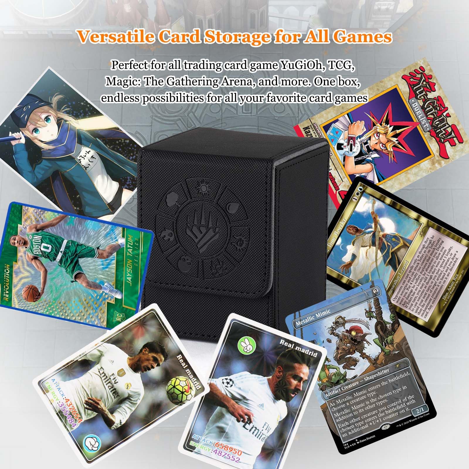 Arkeiliy Card Deck Box, 110+ Storage MTG Deck Box with 50 Pcs Card Sleeve, Collectible Trading Card Cases for Magic Commander and More (Black)