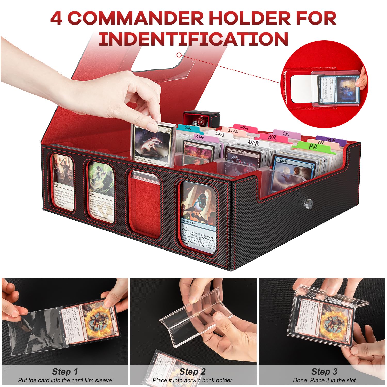 Gomyrod Card Storage Box 3200+ MTG Deck Box with 30 Colorful Divider, 4 Row Commander Trading Card Cases with Portable Handle & Display Windows, Fits for MTG/TCG/Magic Cards, Patented Design