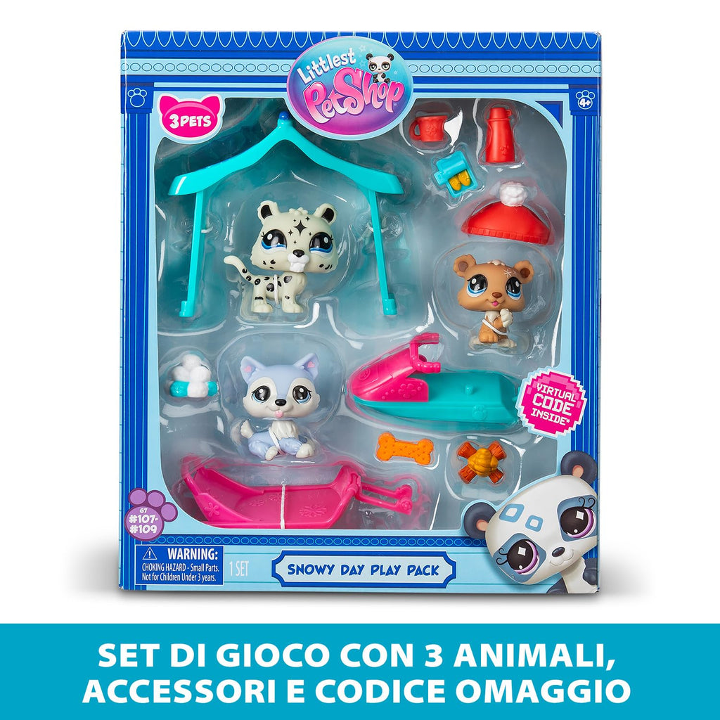 BANDAI Littlest Pet Shop Snow Day Set BF00534 Includes 3 Pets, 3 Accessories, 1 Collector Card, 1 Virtual Code, 1 Snowmobile, 1 Sled, Generation 7 (#107, #108, #109),4 Years+