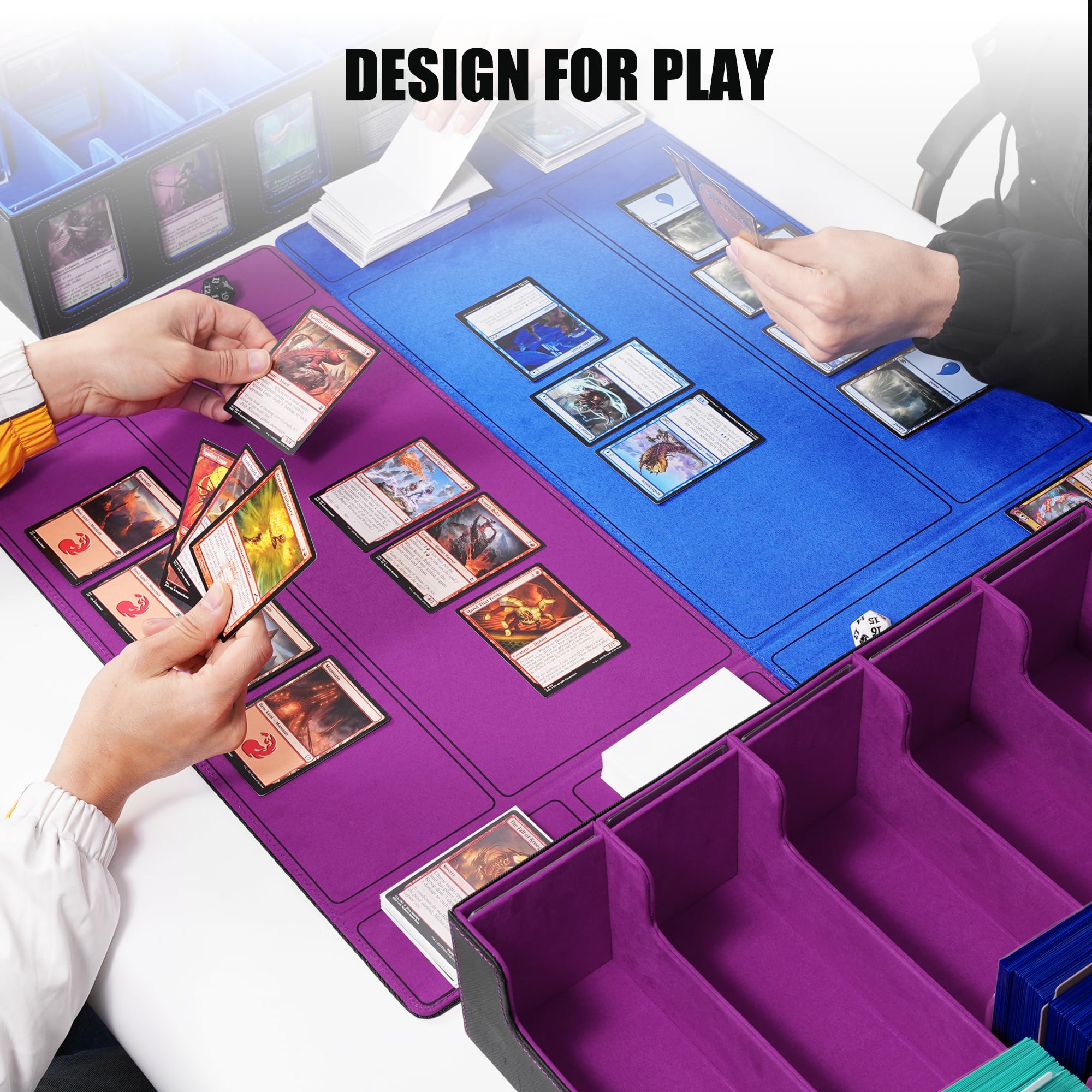 Trading Card Storage Box with Commander Display , 5-Row Deck Case with Removable Lid; 3900+ Card Deck Box for MTG TCG Sports Card, 5 Top Loaders, 5 Stoppers, 48 Dividers,1 Dice Tray (Black Purple)