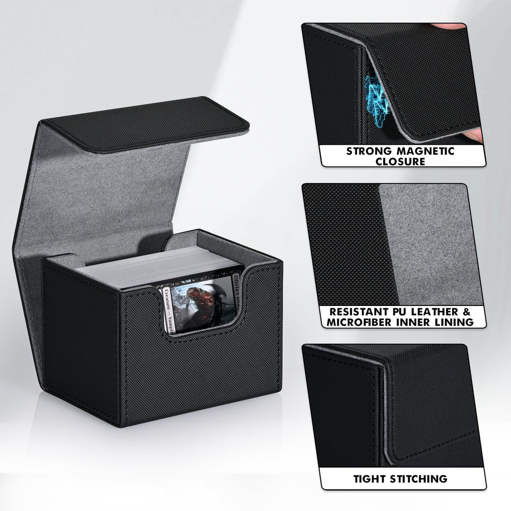 ZLCA Card Deck Box for Trading Cards, MTG Commander Deck Box Holds 120+ Single Sleeved Cards, Leather Magnetic Card Storage Box Fits for TCG CCG Magic Cards (Black)