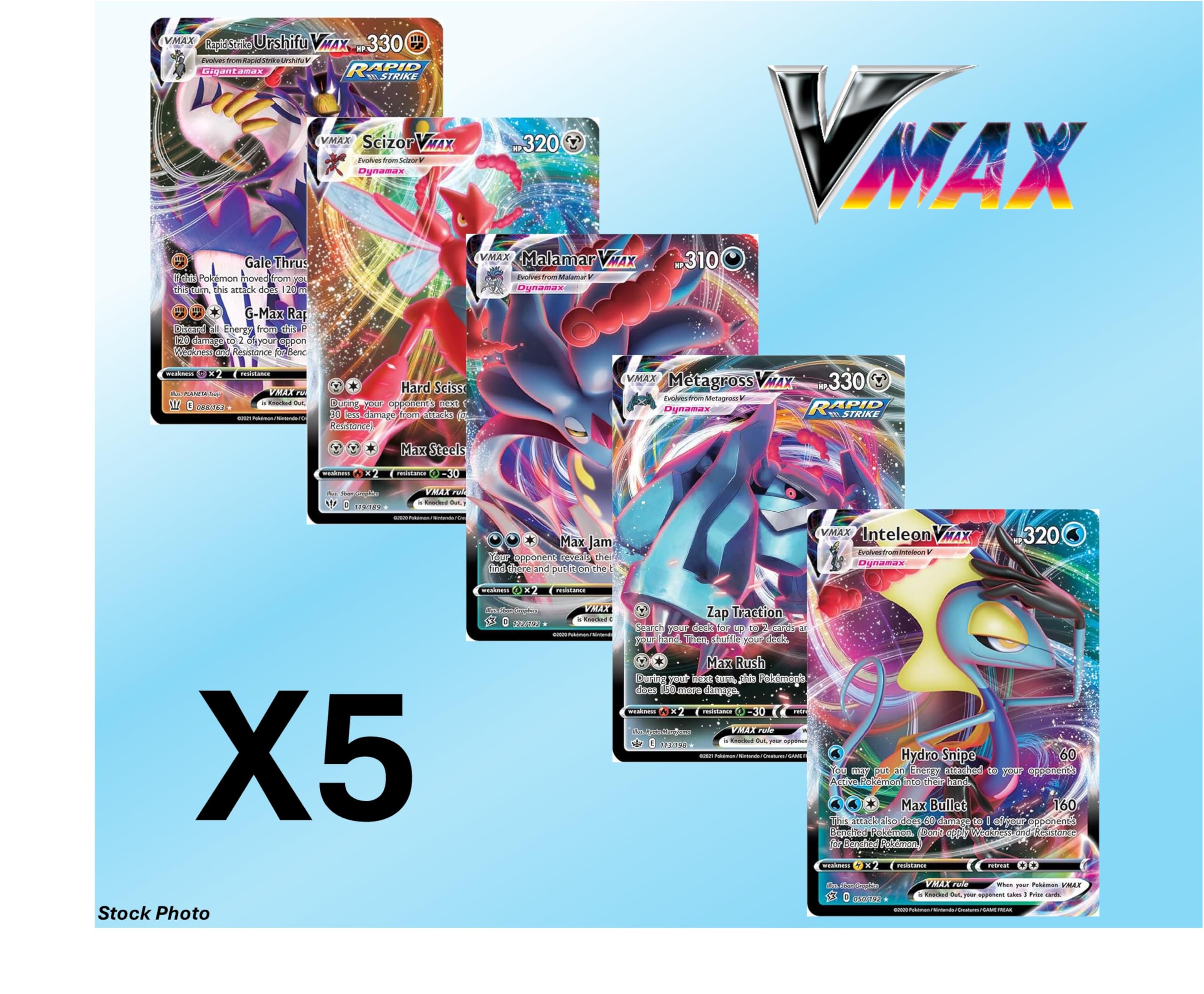 Pokemon - 5 VMAX/VSTAR Card Lot Bundle - No Duplicates - Full Art Etched Pokemon