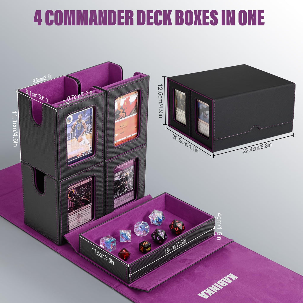 Kabinka Commander Deck Box for MTG Fits 400+ Double-Sleeved Card Storage, 5 IN 1 Removable Card Case with Dice Tray, Display Window for TCG/PTCG/EDH, 4 Magnetic One Touch Holders (Black Purple)