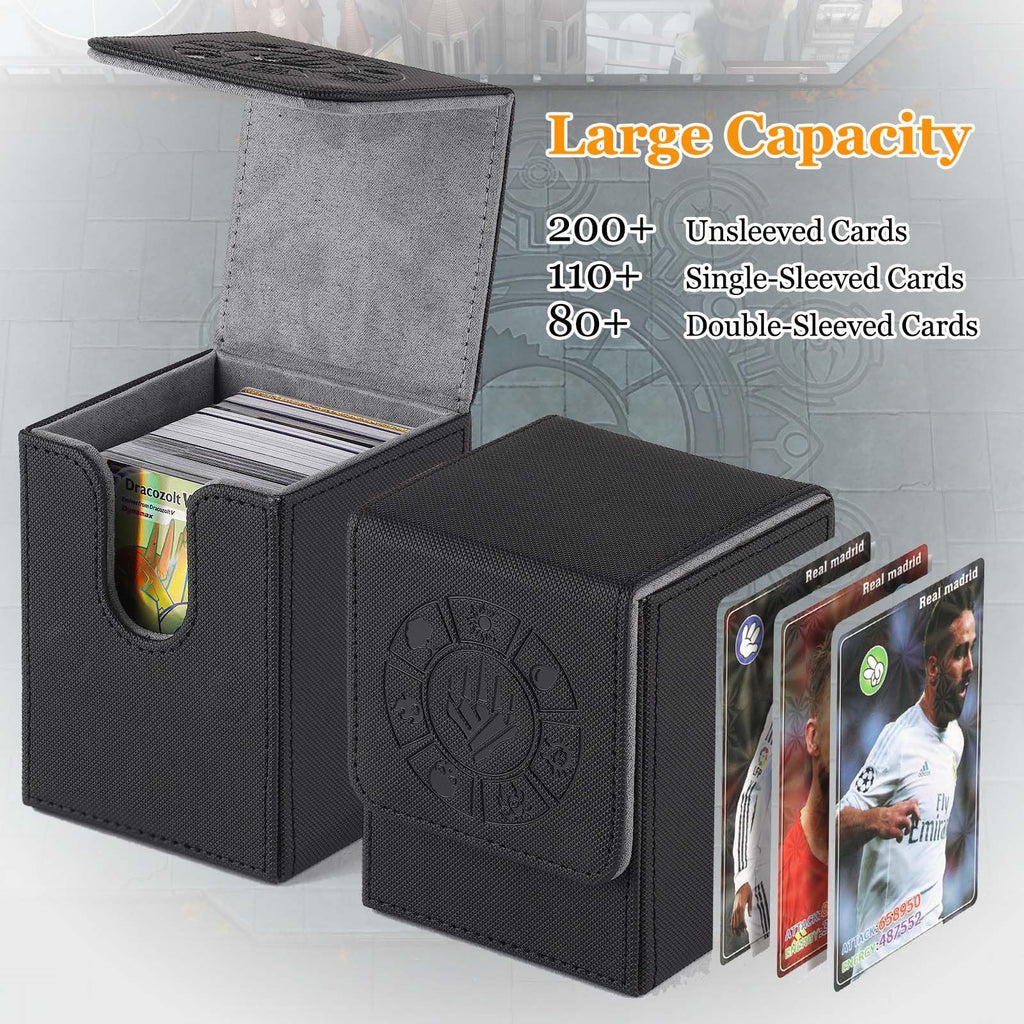 Arkeiliy Card Deck Box, 110+ Storage MTG Deck Box with 50 Pcs Card Sleeve, Collectible Trading Card Cases for Magic Commander and More (Black)