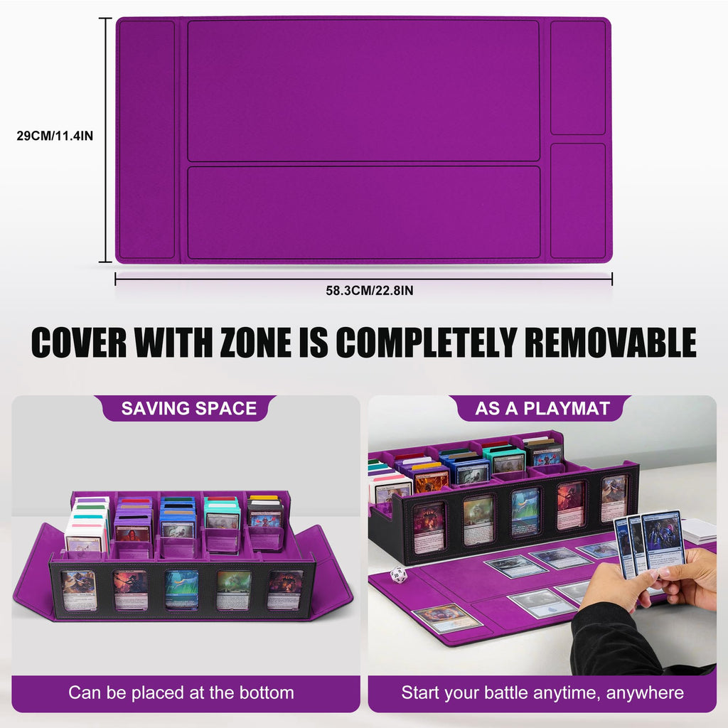 Trading Card Storage Box with Commander Display , 5-Row Deck Case with Removable Lid; 3900+ Card Deck Box for MTG TCG Sports Card, 5 Top Loaders, 5 Stoppers, 48 Dividers,1 Dice Tray (Black Purple)