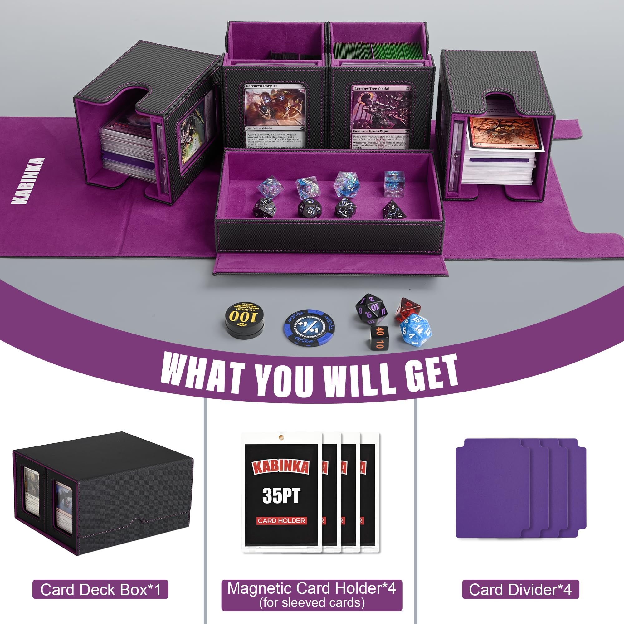 Kabinka Commander Deck Box for MTG Fits 400+ Double-Sleeved Card Storage, 5 IN 1 Removable Card Case with Dice Tray, Display Window for TCG/PTCG/EDH, 4 Magnetic One Touch Holders (Black Purple)