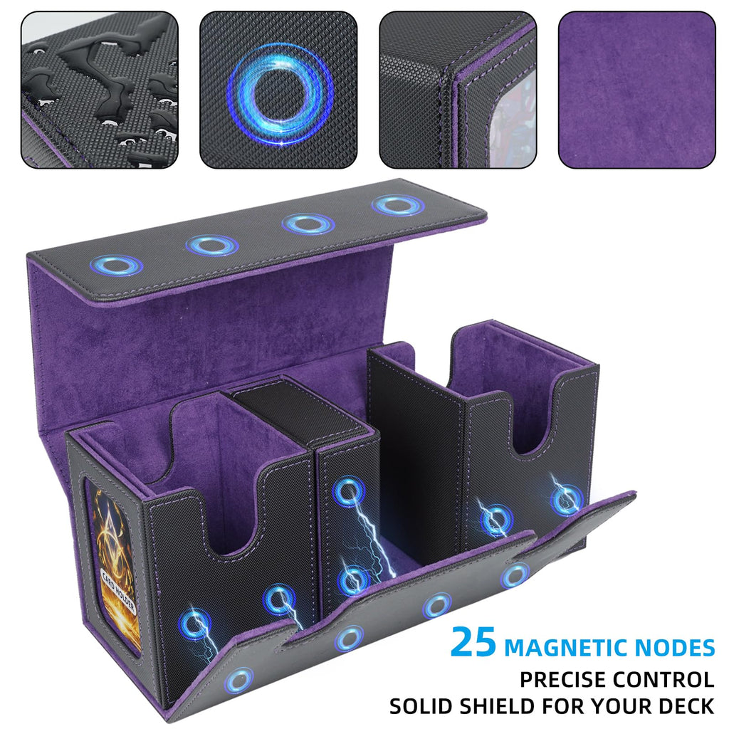 AFIING MTG Commander Deck Box 200 Double Sleeved Cards Storage, 3-in-1 Magnetic Card Case Organizer for Magic: The Gathering TCG CCG, 4 Dividers & 2 Toploaders Black/Purple