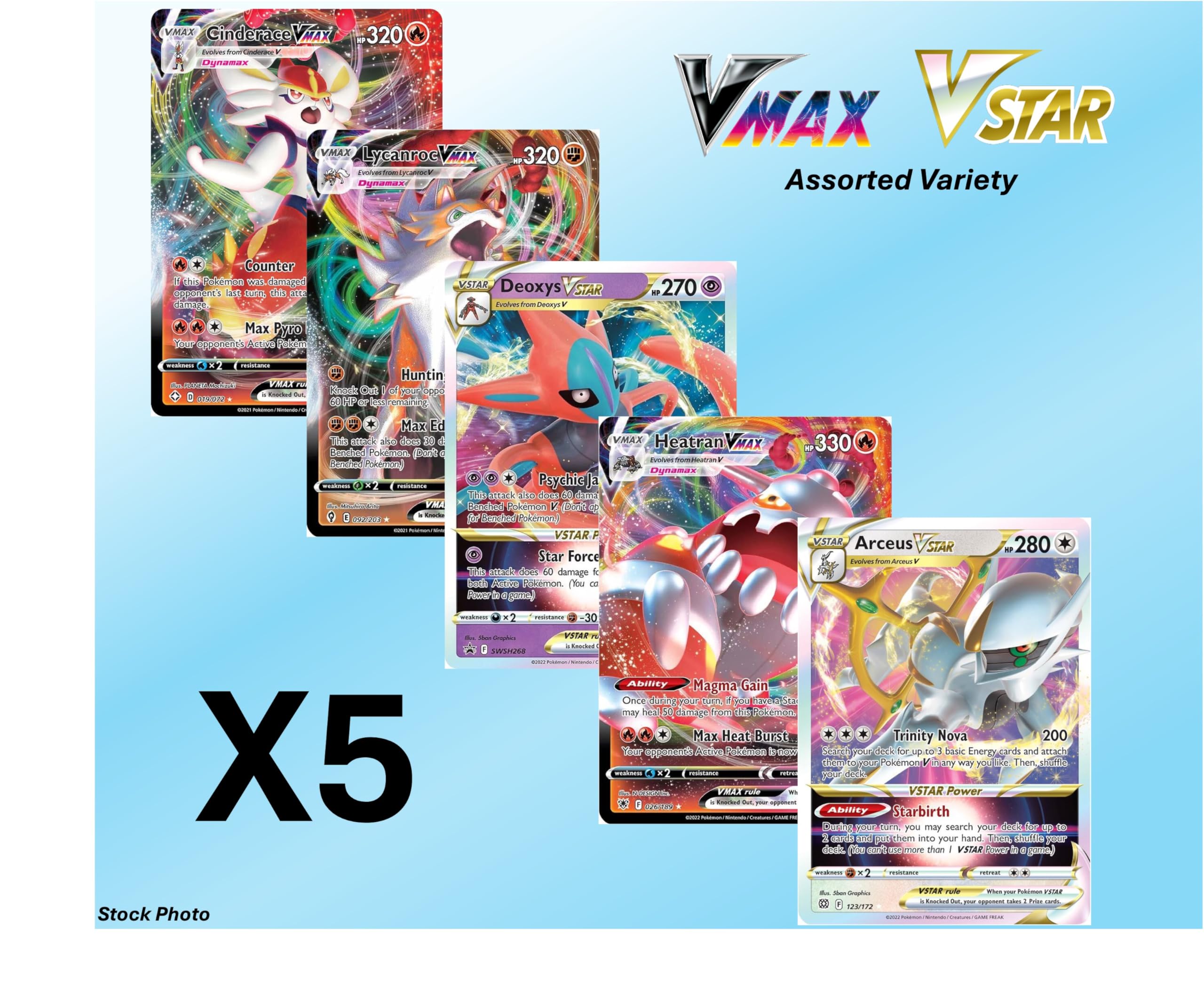 Pokemon - 5 VMAX/VSTAR Card Lot Bundle - No Duplicates - Full Art Etched Pokemon