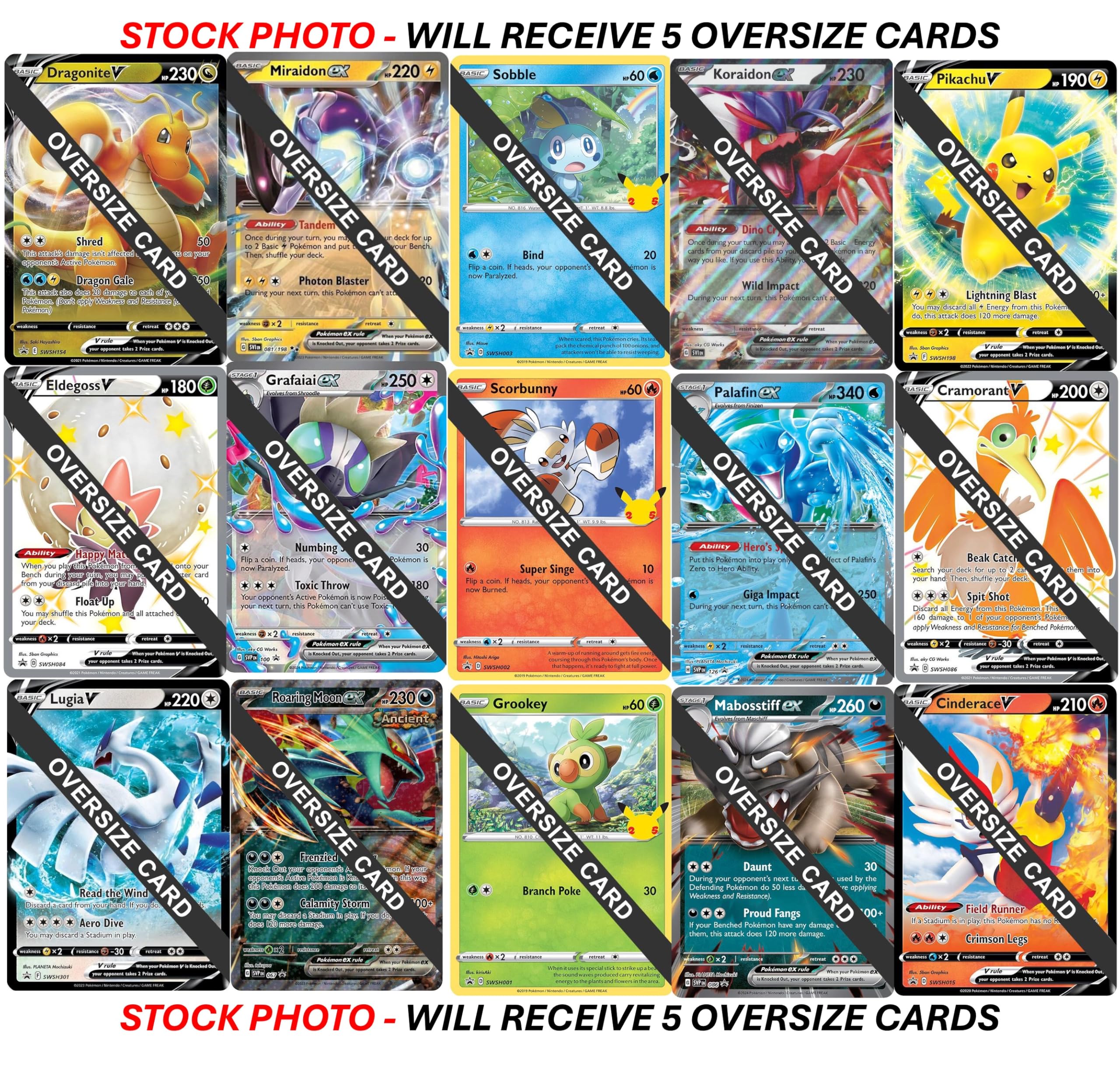 Pokemon - 5 Jumbo Oversize Cards - Random Assortment - No Duplicates - Starters, V, EX, VSTAR, V-Union, Mega, ETC.