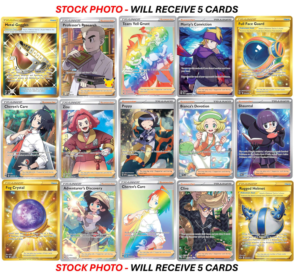 Pokemon 5 Full Art Trainer Card Lot - X1 Secret Rare, X4 Full Art Etched Cards - No Duplicates