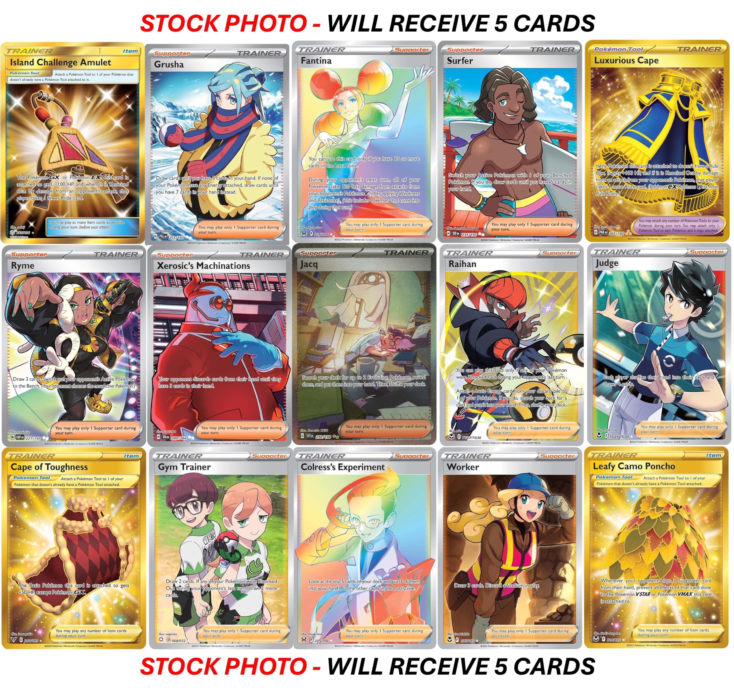 Pokemon 5 Full Art Trainer Card Lot - X1 Secret Rare, X4 Full Art Etched Cards - No Duplicates