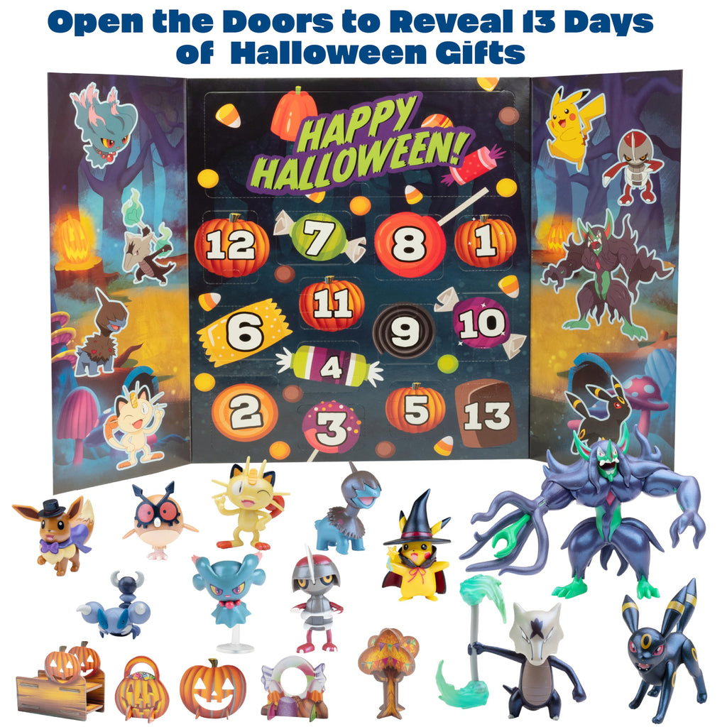 Pokemon Halloween Countdown Gift Set for Kids, 16 Piece Playset - Includes 11 Toy Character Figures & 5 Accessories - Pikachu, Eevee, Meowth & More - 4.5" Deluxe Action Grimmsnarl - For Boys & Girls Age 4+