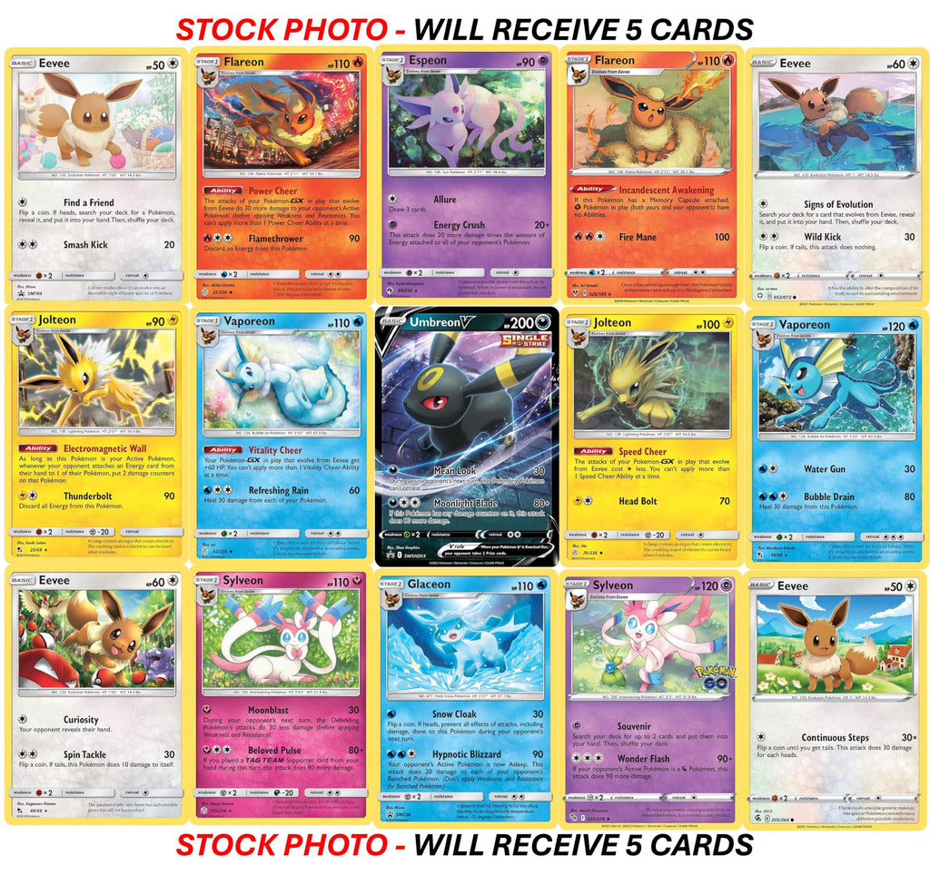 Pokemon Eevee Card Bundle - Guaranteed 1 Ultra Rare - 5 Eeveelution Holofoil Cards - No Duplicates