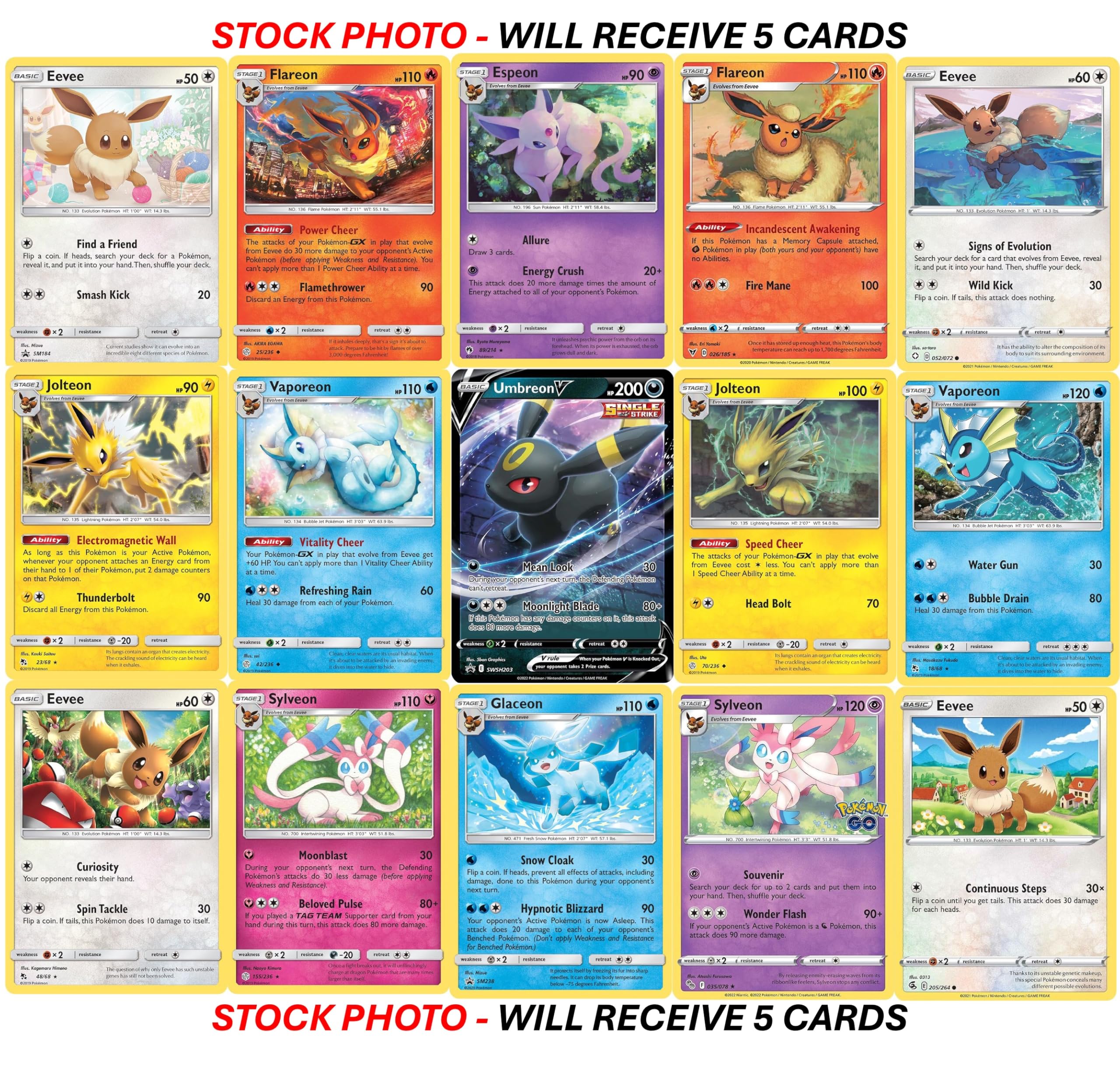 Pokemon Eevee Card Bundle - Guaranteed 1 Ultra Rare - 5 Eeveelution Holofoil Cards - No Duplicates