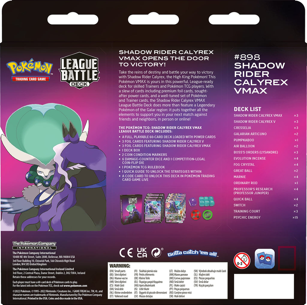 Pokémon TCG: Shadow Rider Calyrex VMAX League Battle Deck (60 Cards Ready to Play Deck, 3 Foil V Cards & 3 Foil VMAX Cards)