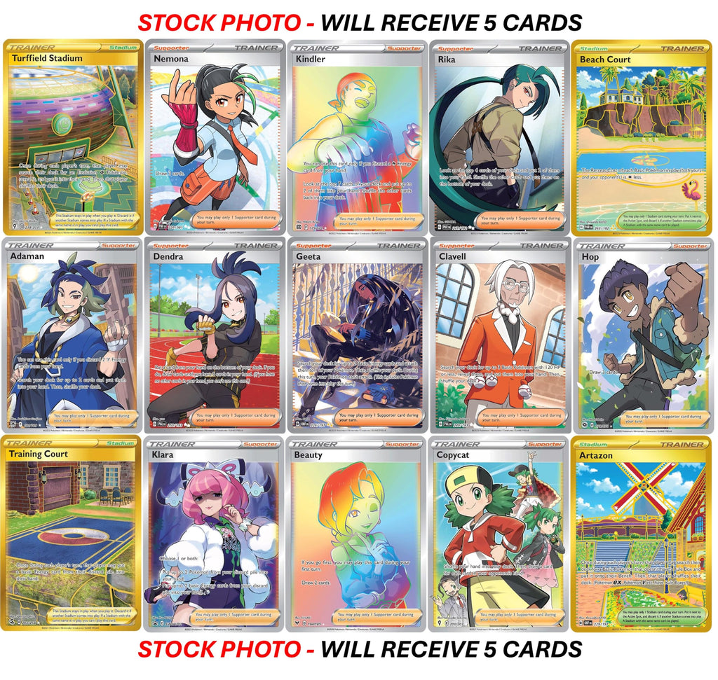 Pokemon 5 Full Art Trainer Card Lot - X1 Secret Rare, X4 Full Art Etched Cards - No Duplicates