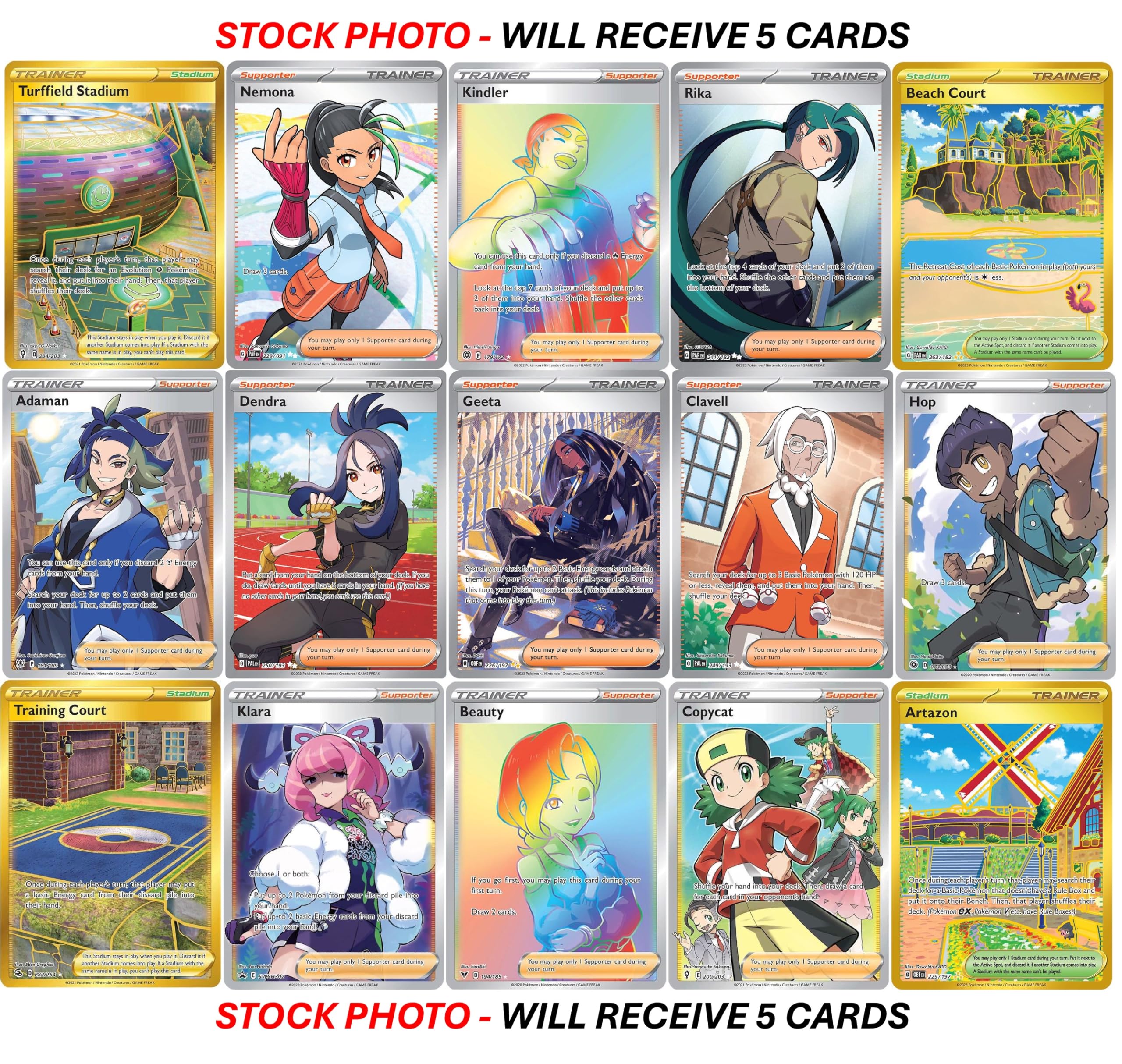 Pokemon 5 Full Art Trainer Card Lot - X1 Secret Rare, X4 Full Art Etched Cards - No Duplicates