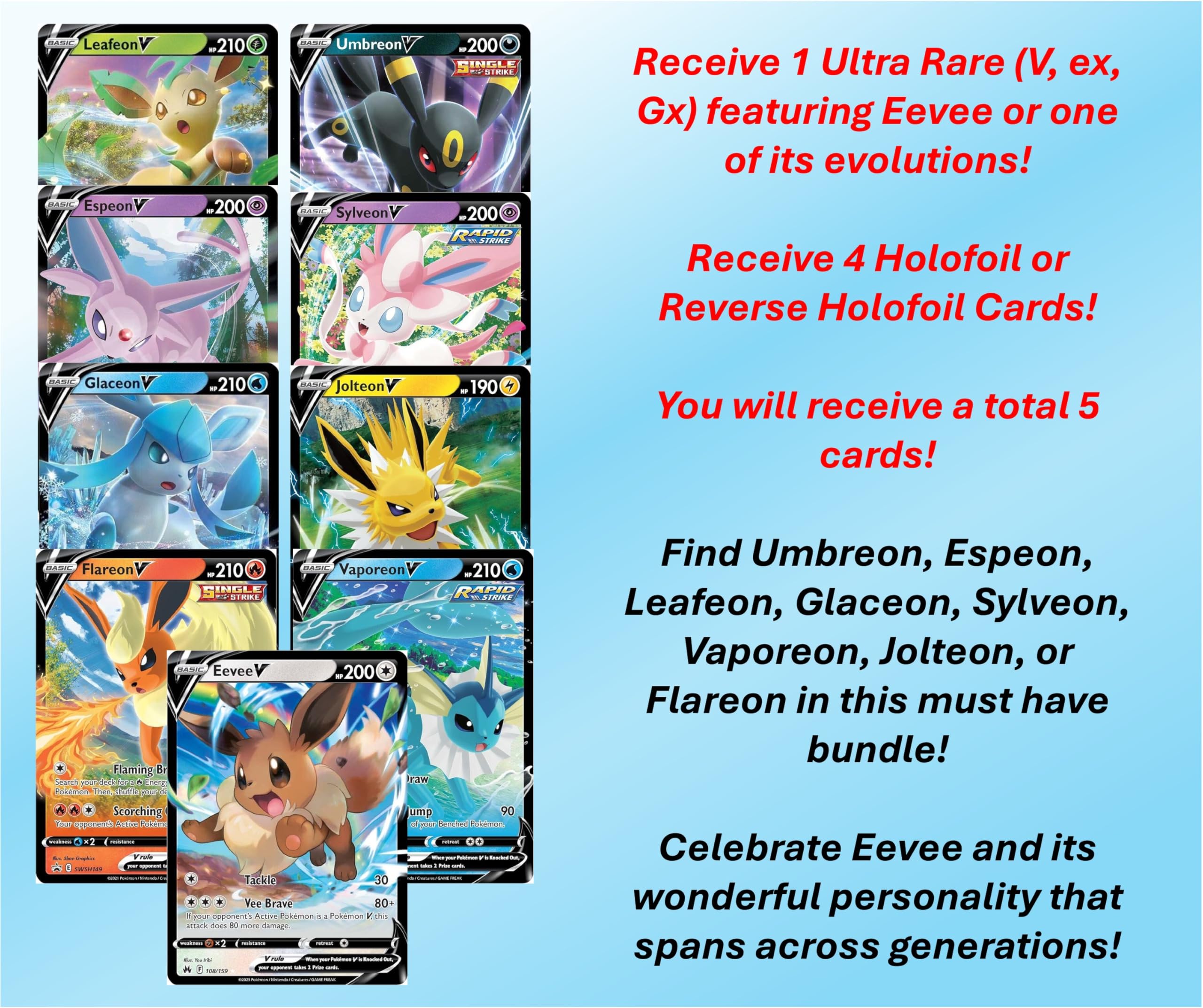 Pokemon Eevee Card Bundle - Guaranteed 1 Ultra Rare - 5 Eeveelution Holofoil Cards - No Duplicates